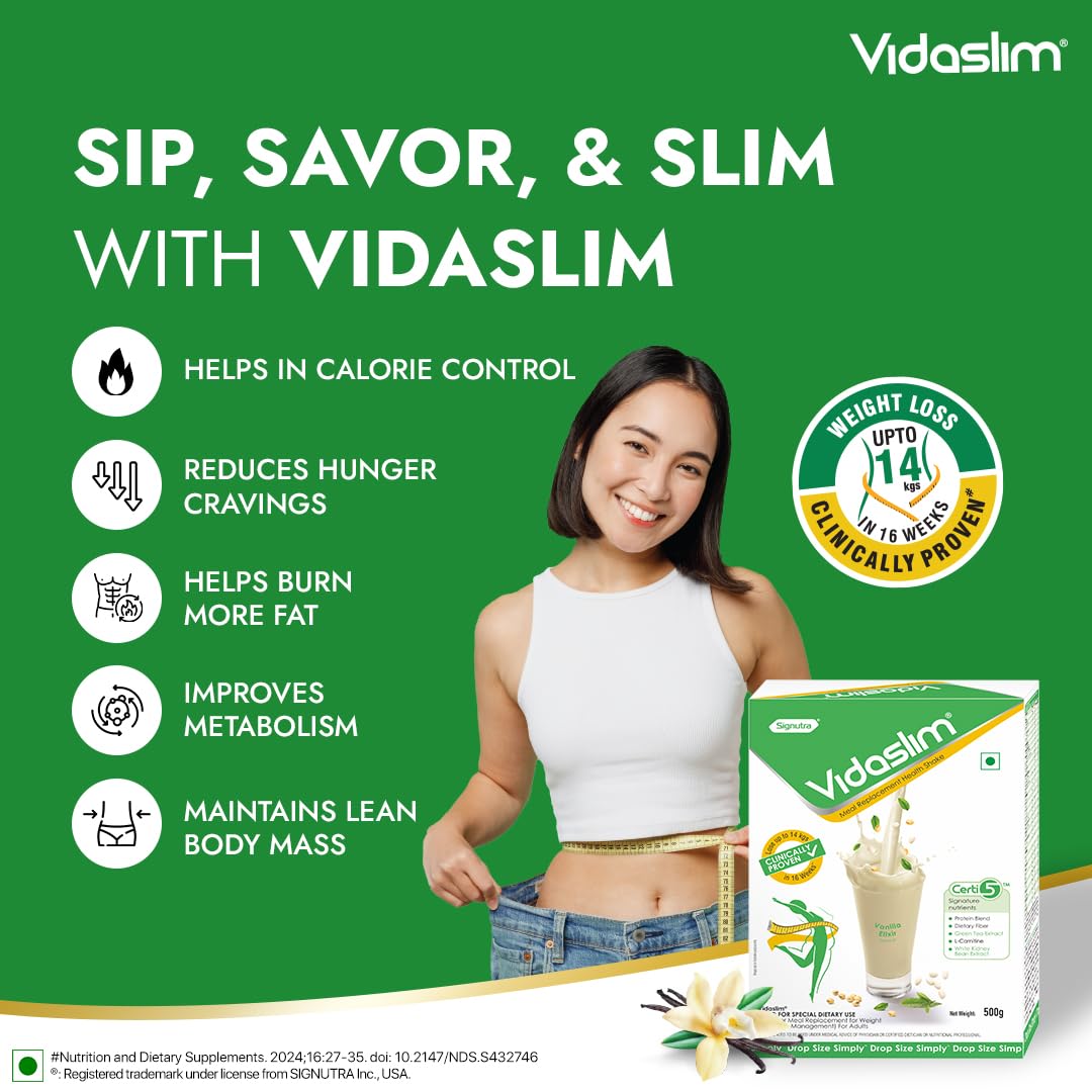 Vidaslim Meal Replacement Protein Health Shake | For Weight Management & Control | 22.8g Protein Per Serve | For Men & Women | Enriched with L-Carnitine, Green Tea & White Kidney Bean Extracts | (500g, Vanilla Elixir)