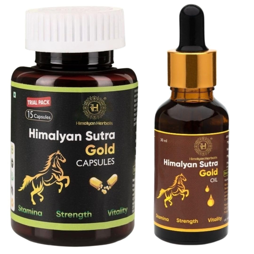 Himalyan Sutra Gold Power Capsules (15 Capsules Trial Pack) & Men’s Massage Oil (30ml) | Ayurvedic Herbal Supplement & Body Massage Oil Combo Pack for Men