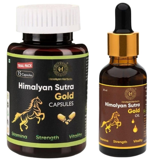 Himalyan Sutra Gold Power Capsules (15 Capsules Trial Pack) & Men’s Massage Oil (30ml) | Ayurvedic Herbal Supplement & Body Massage Oil Combo Pack for Men