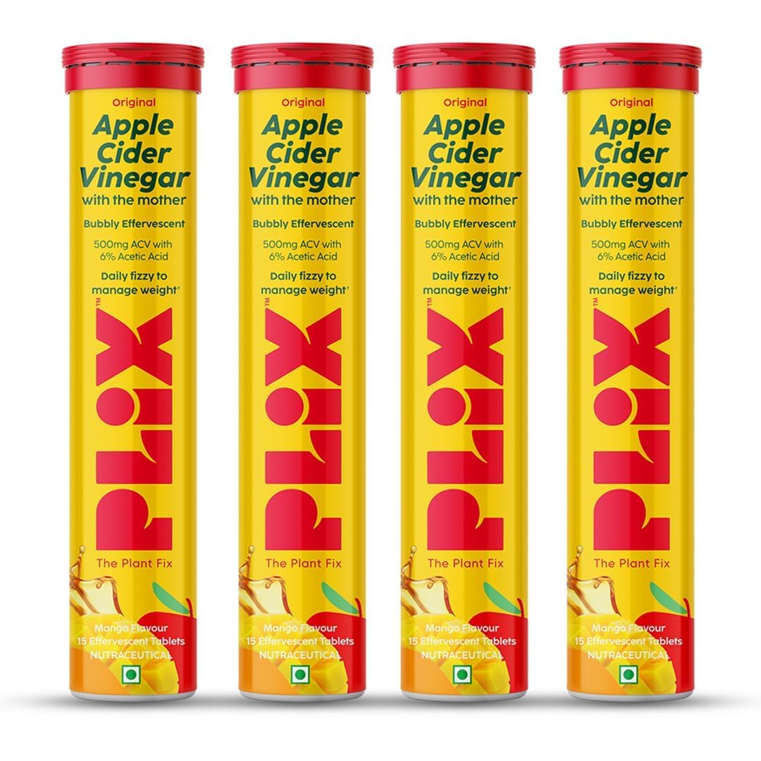 THE PLANT FIX Apple Cider Vinegar Effervescent Tablet with mother | Supports Metabolism & Appetite Control I With 500mg ACV, Vit B6 & B12 I No Maltodextrin, No Added Sugar I Pack of 4 (60 tablets)