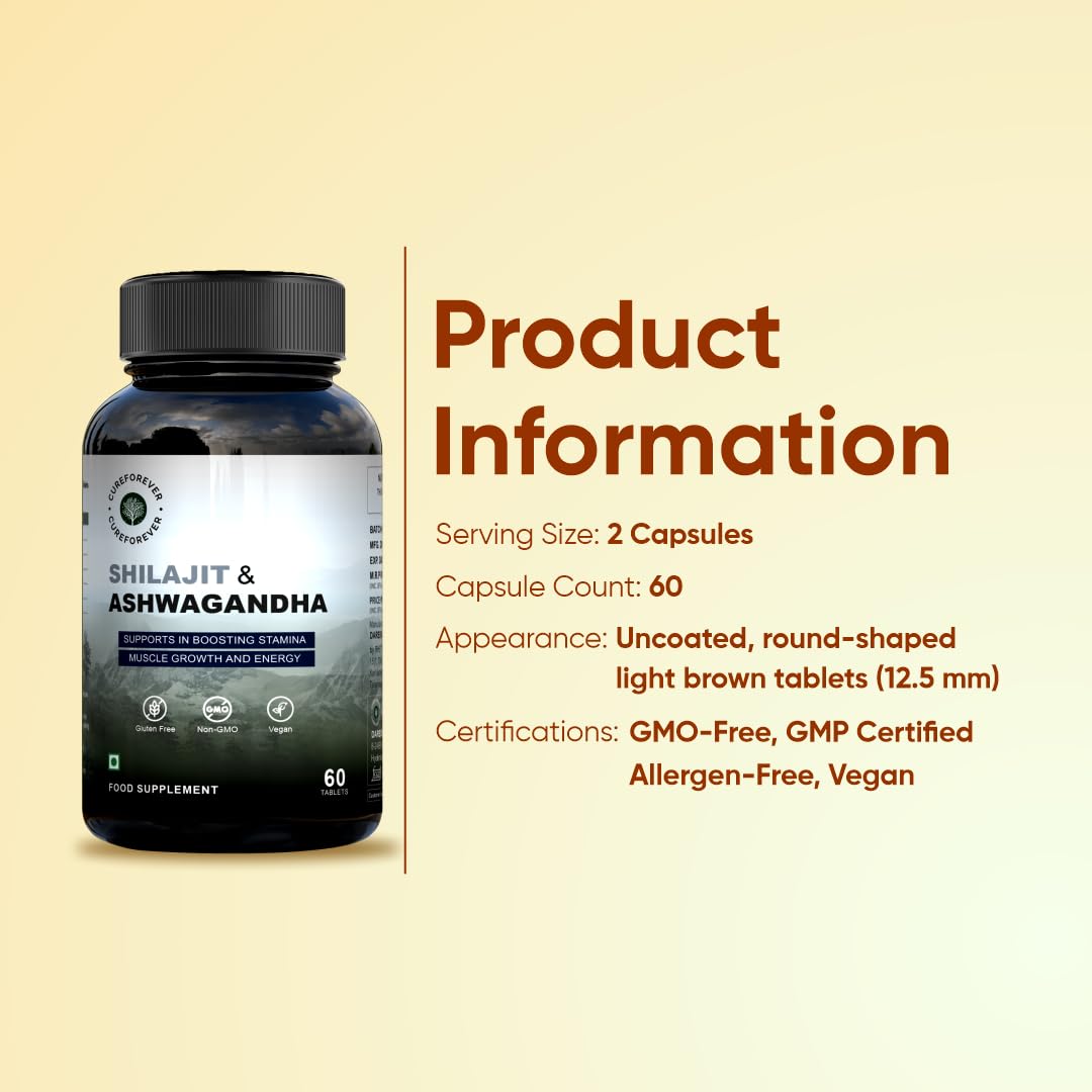 CUREFOREVER Shilajit & Ashwagandha Tablets 1000mg/Serving - Natural Ayurvedic Formula to Support Energy, Muscle Growth & Stamina, Natural Stress Relief Tablets | Himalyan Shilaijt/Shilajeet for Men (60 Count (Pack of 2))