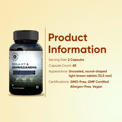 CUREFOREVER Shilajit & Ashwagandha Tablets 1000mg/Serving - Natural Ayurvedic Formula to Support Energy, Muscle Growth & Stamina, Natural Stress Relief Tablets | Himalyan Shilaijt/Shilajeet for Men (60 Count (Pack of 2))