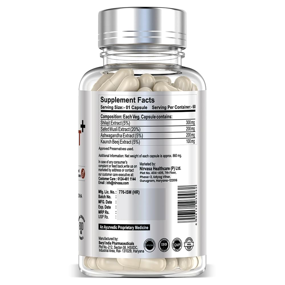 Nirvasa Pure Shilajit/Shilajeet (800mg) 3x60 Capsules | Boost Strength, Stamina, Energy & Immunity | Supports Vitality, Performance & Muscle Growth | Ashwagandha, Safed Musli & Kaunch Beej (Pack of 3)