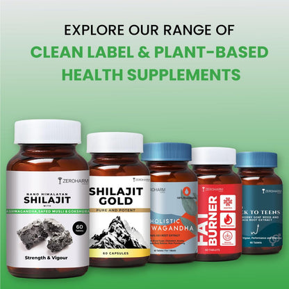 ZEROHARM Nano Himalayan Shilajit With Ashwagandha, Safed Musli & Goksura 60 Veg Tablets, Energy Booster, Stamina, Vigour, Endurance & Performance supplements