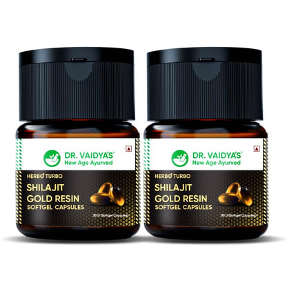 Dr. Vaidya's Herbo24Turbo Shilajit Resin Softgel Capsules | 30 Ayurvedic Capsules for Strength, Stamina & Energy in Men | Enriched with Pure Shilajit for Men & 24K Gold Bhasma (Pack of 2)