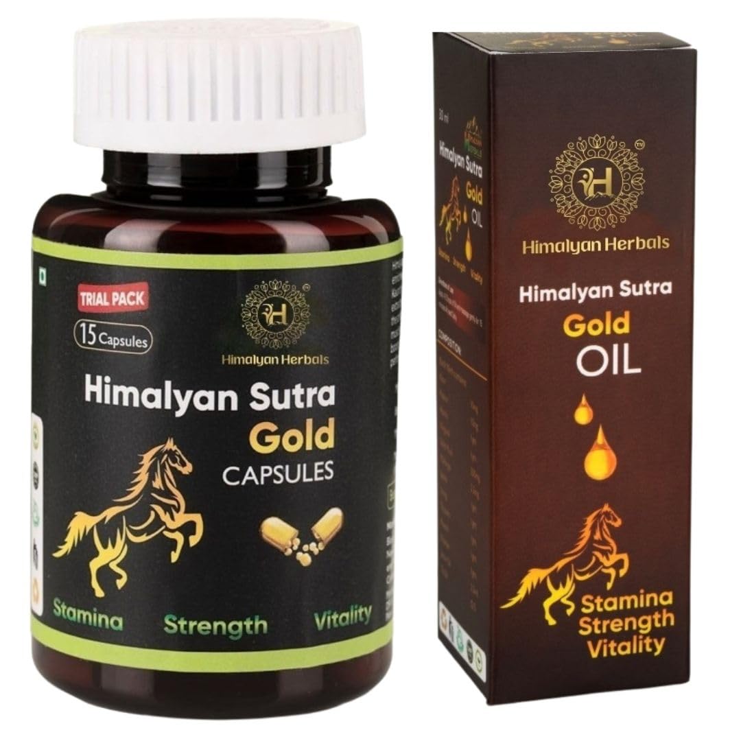 Himalyan Sutra Gold Power Capsules (15 Capsules Trial Pack) & Men’s Massage Oil (30ml) | Ayurvedic Herbal Supplement & Body Massage Oil Combo Pack for Men
