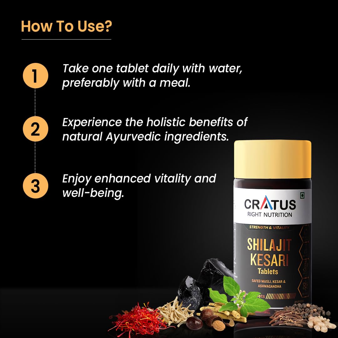Cratus Right Nutrition - Shilajit - Kesari Vitality Tablets with Ashwagandha & Safed Musli | Boosts Energy, Reduces Stress and acts as a Natural Wellness Supplement for Men and Women - 60 Tablets