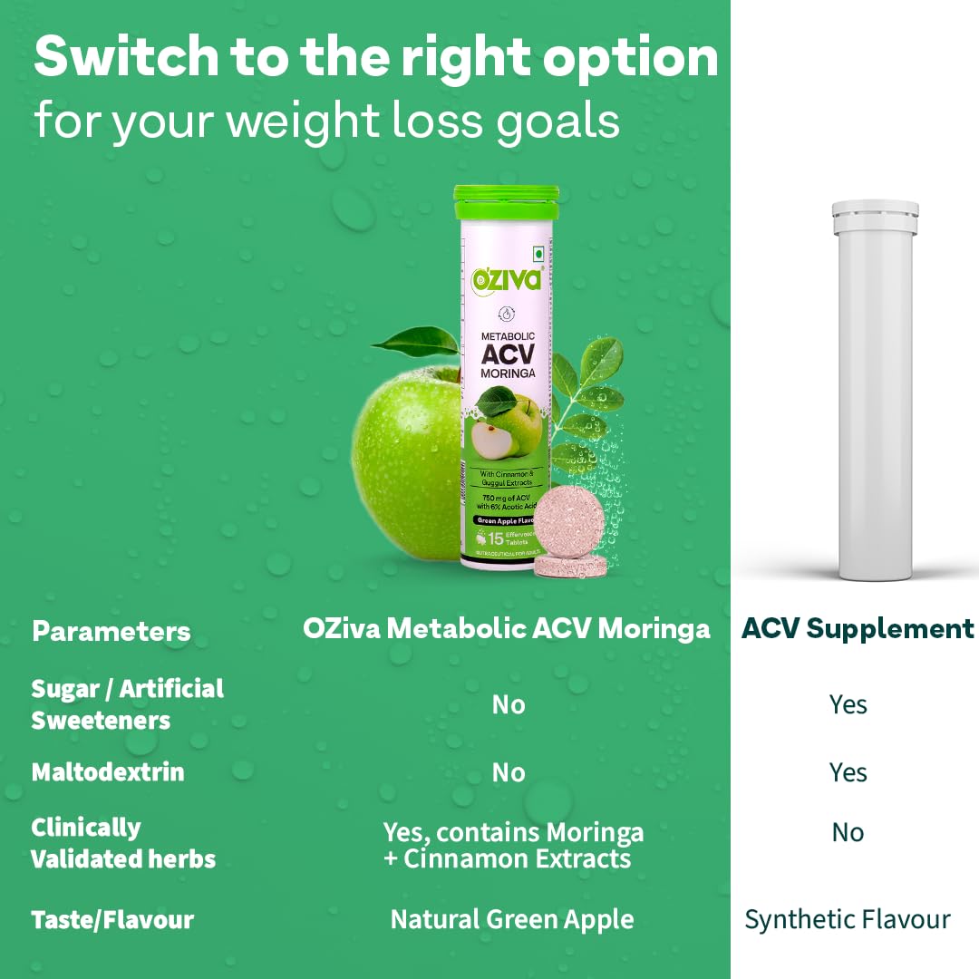 OZiva ACV Moringa | Control Cravings I Apple Cider Vinegar, Cinnamon, Guggul I No Maltodextrin & No Added Sugar I 15 Effervescent Tablets - Green Apple, Pack of 4 (60 tablets).