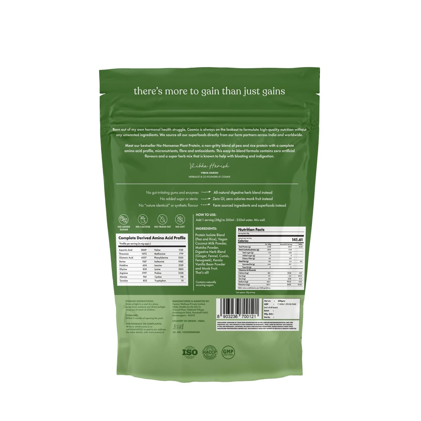 Cosmix No-Nonsense Plant Protein | 24 Protein/Serve, 500g Pouch | Japanese Ceremonial Matcha | Plant Based Protein, Pea & Rice Isolate | Clean, Easy to Digest | All Essential Amino Acids