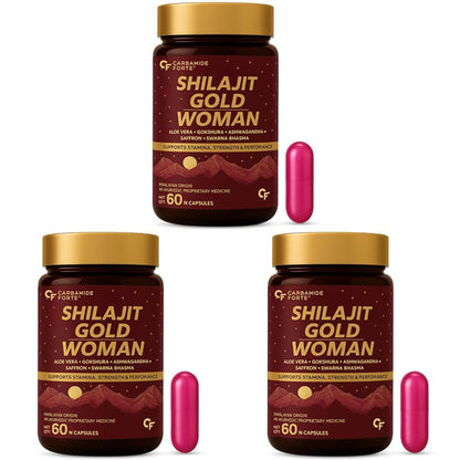 Carbamide Forte Shilajit Gold Capsules For Women With Pure Shilajeet Swarna Bhasma, Saffron & Ashwagandha | Himalayan Shilajit for Women | Shilajeet Gold Original | 60 Veg Capsules (Pack of 3)