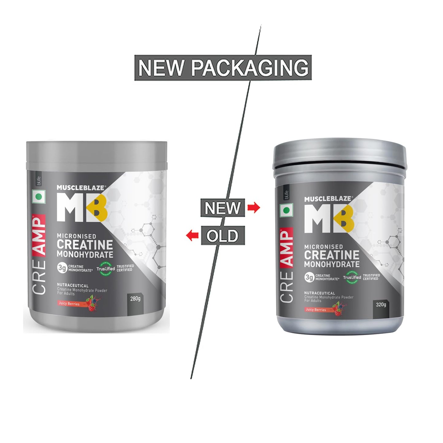 MuscleBlaze Micronised Creatine Monohydrate CreAMP Powder, Juicy Berries (80 Servings, 320g) | Trustified Certified Creatine