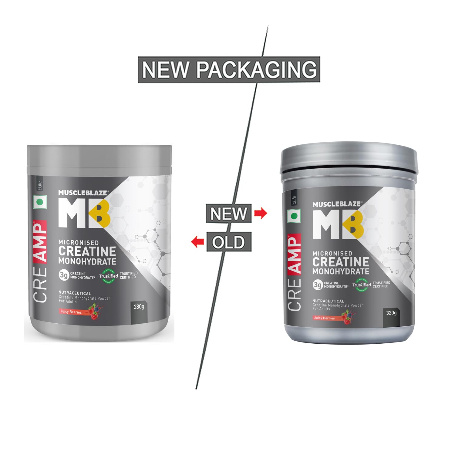 MuscleBlaze Micronised Creatine Monohydrate CreAMP Powder, Juicy Berries (80 Servings, 320g) | Trustified Certified Creatine