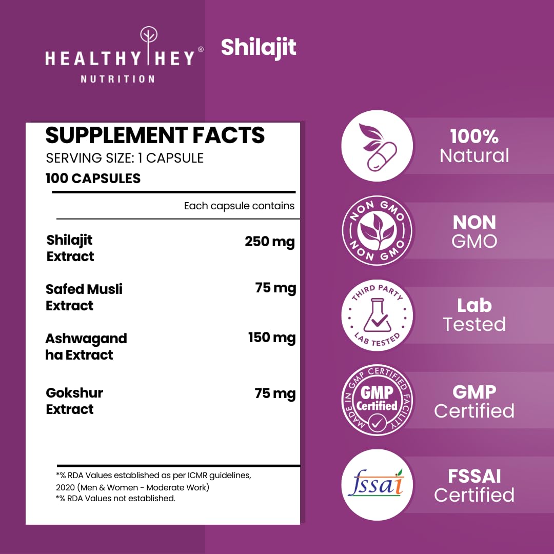 HealthyHey Nutrition Shilajit with Safed Musli, Tribulus and Ashwagandha -100 Vegetable Capsules