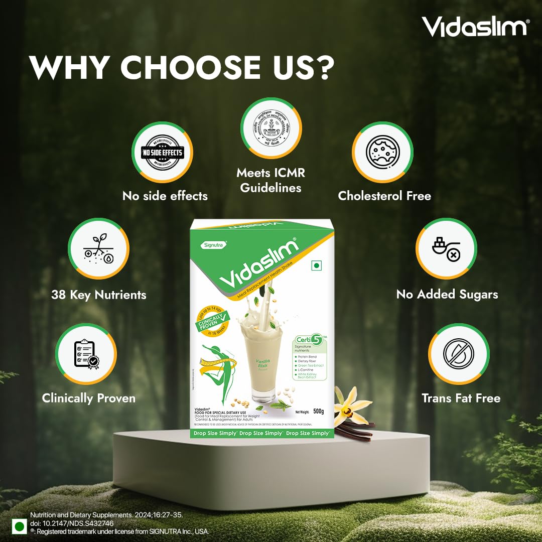 Vidaslim Meal Replacement Protein Health Shake | For Weight Management & Control | 22.8g Protein Per Serve | For Men & Women | Enriched with L-Carnitine, Green Tea & White Kidney Bean Extracts | (500g, Vanilla Elixir)