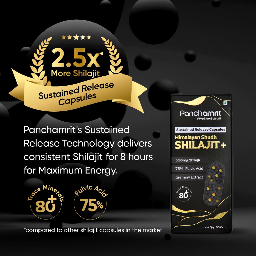 Panchamrit Himalayan Shilajit Sustained Release Capsules for Men & Women | 100% Ayurvedic | 500mg Pure Shilajeet Supplement 75% Fulvic Acid & Ginkgo Biloba | Boosts Energy & Stamina | 60 Caps