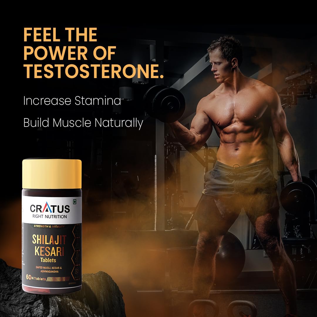Cratus Right Nutrition - Shilajit - Kesari Vitality Tablets with Ashwagandha & Safed Musli | Boosts Energy, Reduces Stress and acts as a Natural Wellness Supplement for Men and Women - 60 Tablets
