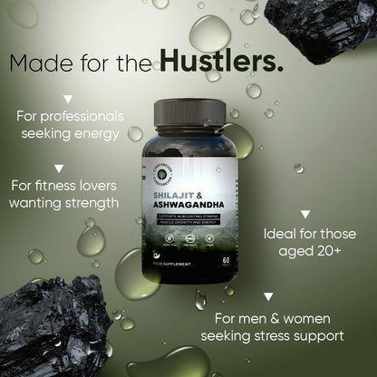 CUREFOREVER Shilajit & Ashwagandha Tablets 1000mg/Serving - Natural Ayurvedic Formula to Support Energy, Muscle Growth & Stamina, Natural Stress Relief Tablets | Himalyan Shilaijt/Shilajeet for Men
