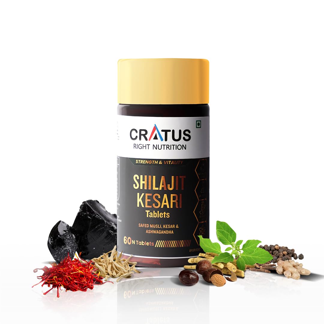 Cratus Right Nutrition - Shilajit - Kesari Vitality Tablets with Ashwagandha & Safed Musli | Boosts Energy, Reduces Stress and acts as a Natural Wellness Supplement for Men and Women - 60 Tablets