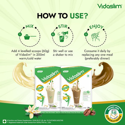 Vidaslim Meal Replacement Protein Health Shake | For Weight Management & Control | 22.8g Protein Per Serve | For Men & Women | Enriched with L-Carnitine, Green Tea & White Kidney Bean Extracts | (500g, Vanilla Elixir)