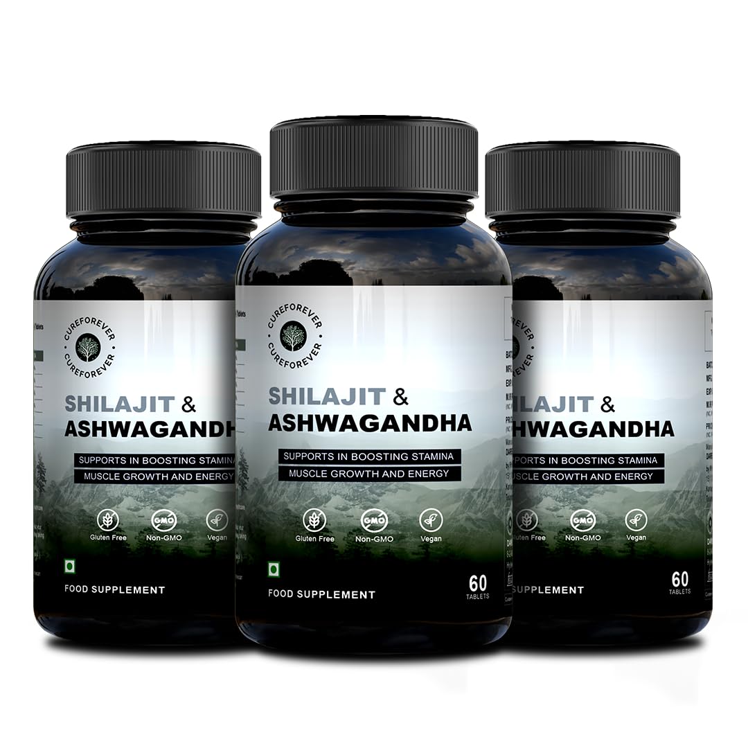 CUREFOREVER Shilajit & Ashwagandha Tablets 1000mg/Serving - Natural Ayurvedic Formula to Support Energy, Muscle Growth & Stamina, Natural Stress Relief Tablets | Himalyan Shilaijt/Shilajeet for Men (60 Count (Pack of 2))