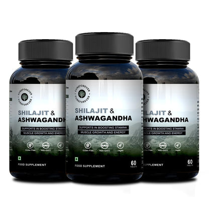CUREFOREVER Shilajit & Ashwagandha Tablets 1000mg/Serving - Natural Ayurvedic Formula to Support Energy, Muscle Growth & Stamina, Natural Stress Relief Tablets | Himalyan Shilaijt/Shilajeet for Men (60 Count (Pack of 2))