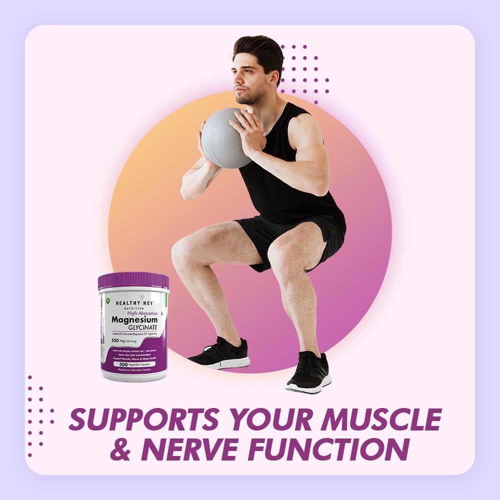 HealthyHey Nutrition Magnesium Glycinate High Absorption for Sleep, Cramps, & Nerves Health -300 Vegetable Capsules