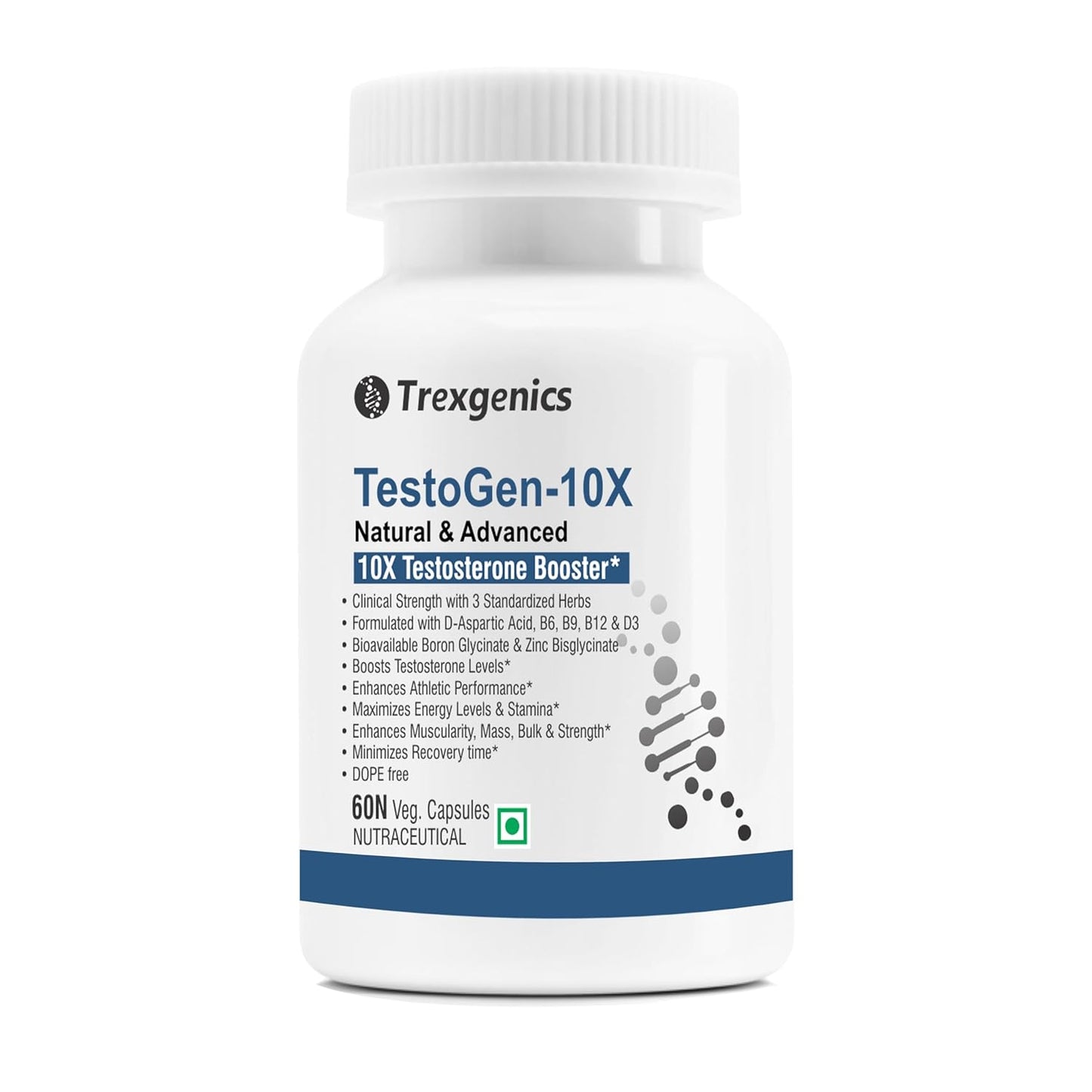 Trexgenics Testogen-10X Synergistic Action with Ashwagandha withanolides, Fenugreek & Tribulus saponins, Boron Glycinate,Zinc,Aspartic acid,D3,B6,B9,B12(60 Veg capsules)