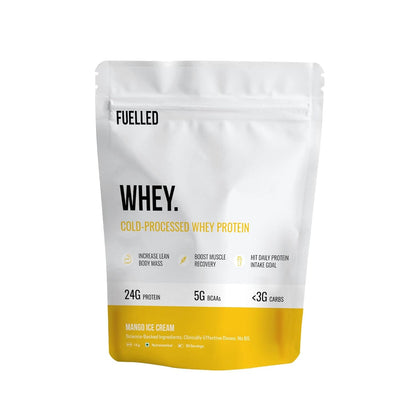 FUELLED Whey Protein Powder Concentrate & Isolate with 24 g Protein, 5 g BCAA (1 kg, 30 Servings) Lab Tested (Mango Ice Cream)