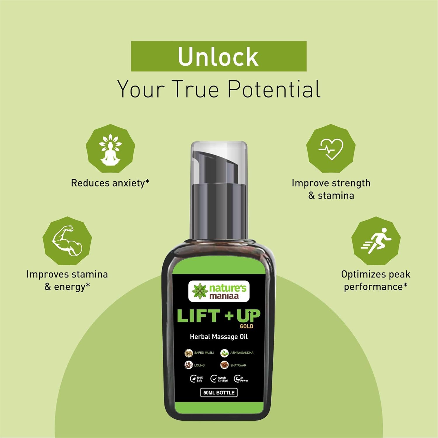 Nature's Maniaa Lift Up Massage Oil for Men | Ayurvedic with Ashwagandha, Safed Musli, Shatavari & Laung Extract (50ml)