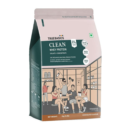 TrueBasics Clean Whey Protein Powder Isolate & Concentrate Blend (Chocolate, 1kg) | 25g Protein per Scoop