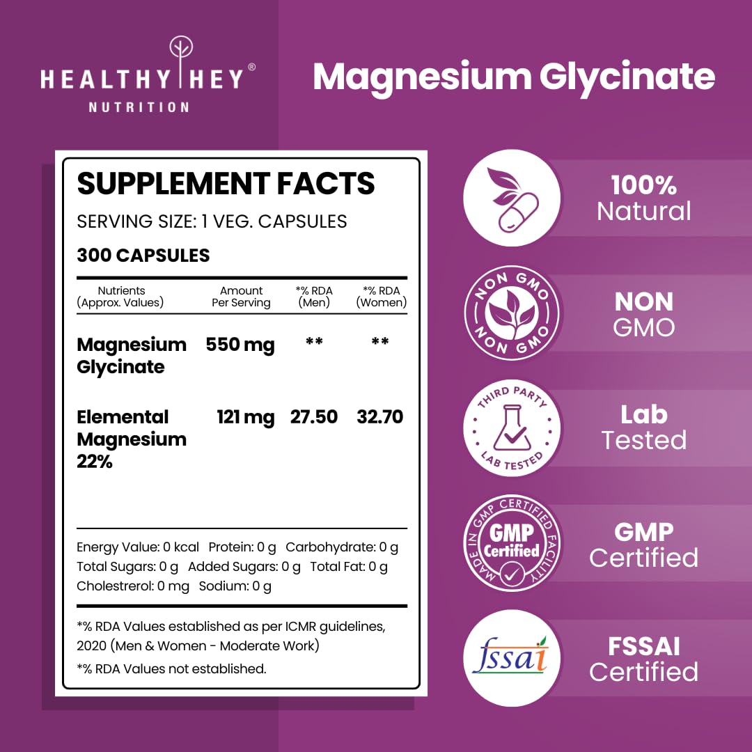 HealthyHey Nutrition Magnesium Glycinate High Absorption for Sleep, Cramps, & Nerves Health -300 Vegetable Capsules