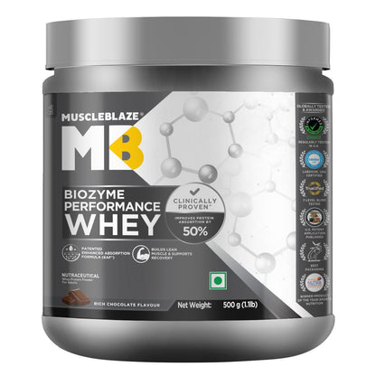 MuscleBlaze Biozyme Performance Whey Protein Powder, Rich Chocolate (1kg / 2.2lbs) | 25g Protein Per Scoop | Clinically Tested 50% Higher Protein Absorption