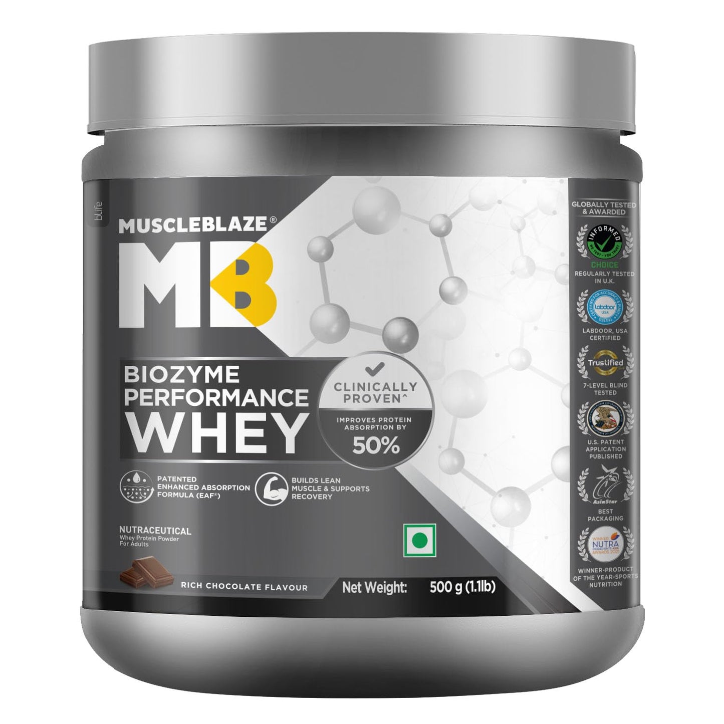 MuscleBlaze Biozyme Performance Whey Protein Powder, Chocolate Hazelnut (2kg / 4.4lbs) | 25g Protein Per Scoop | Clinically Tested 50% Higher Protein Absorption