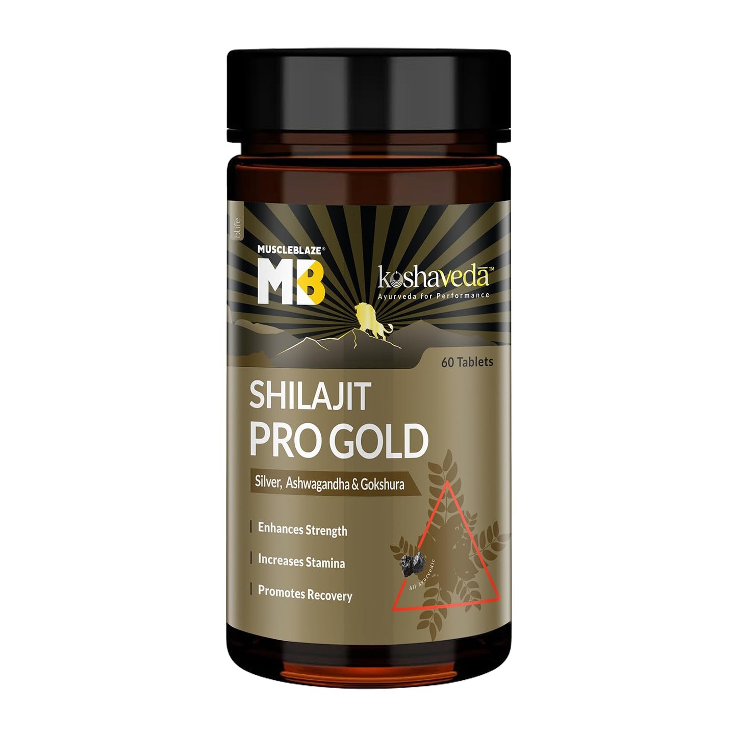 Koshaveda Shilajit Pro Gold by MuscleBlaze (60 Tablets) | Fortified with 24 Carat Gold, Shilajit, Ashwagandha & Gokshura | For Strength, Stamina & Recovery