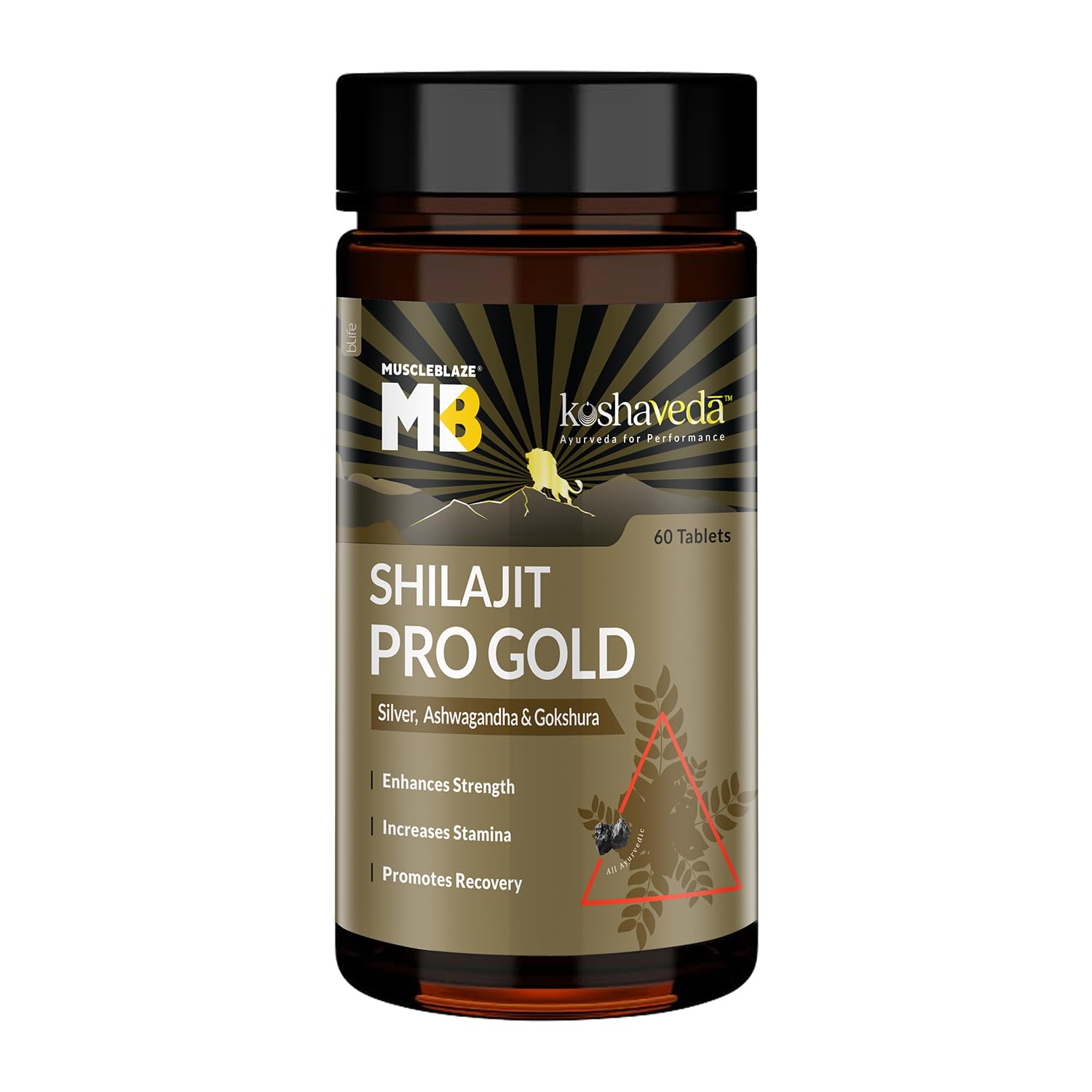 Koshaveda Shilajit Pro Gold by MuscleBlaze (60 Tablets) | Fortified with 24 Carat Gold, Shilajit, Ashwagandha & Gokshura | For Strength, Stamina & Recovery