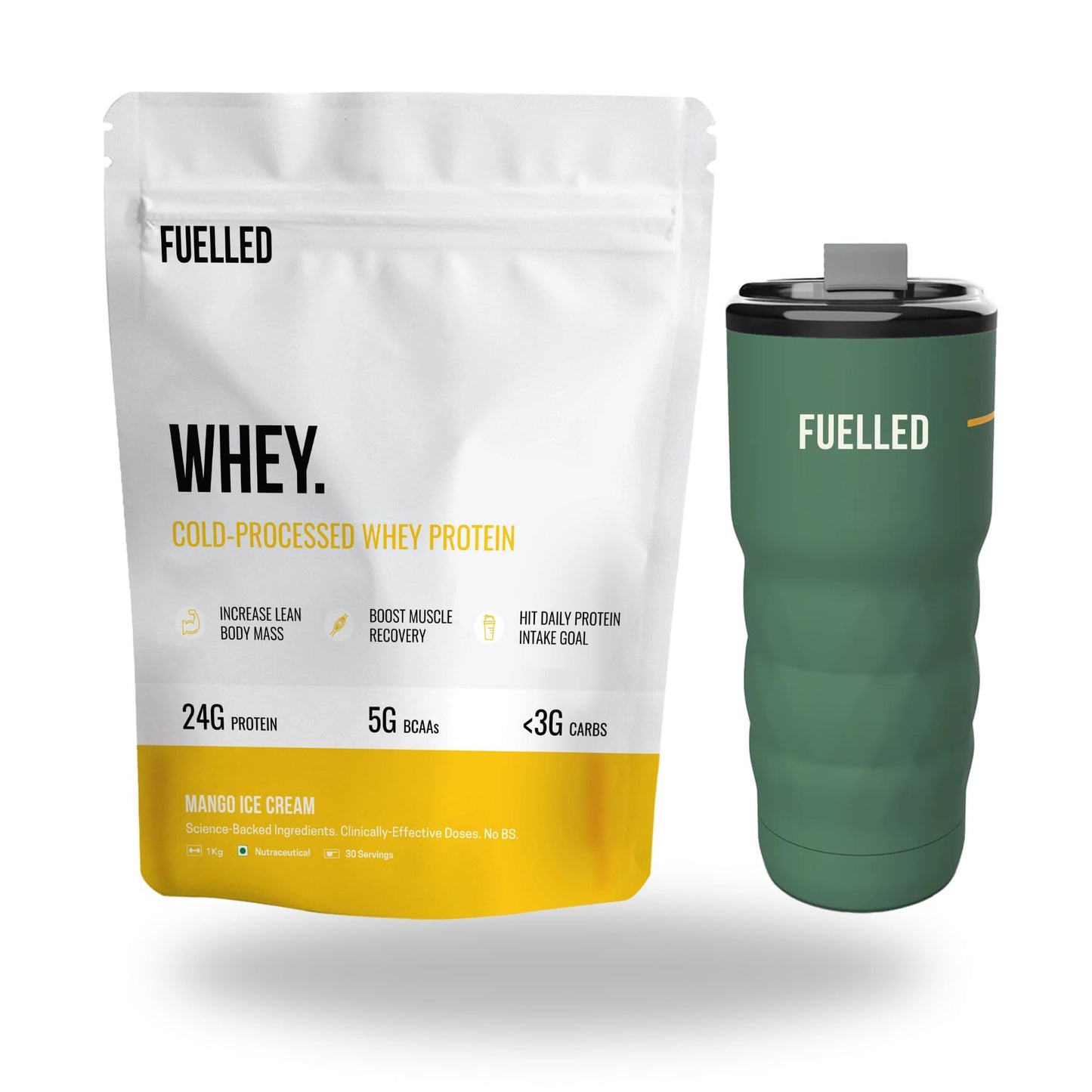 FUELLED Whey Protein Powder Concentrate & Isolate with 24 g Protein, 5 g BCAA (1 kg, 30 Servings) Lab Tested (Mango Ice Cream)