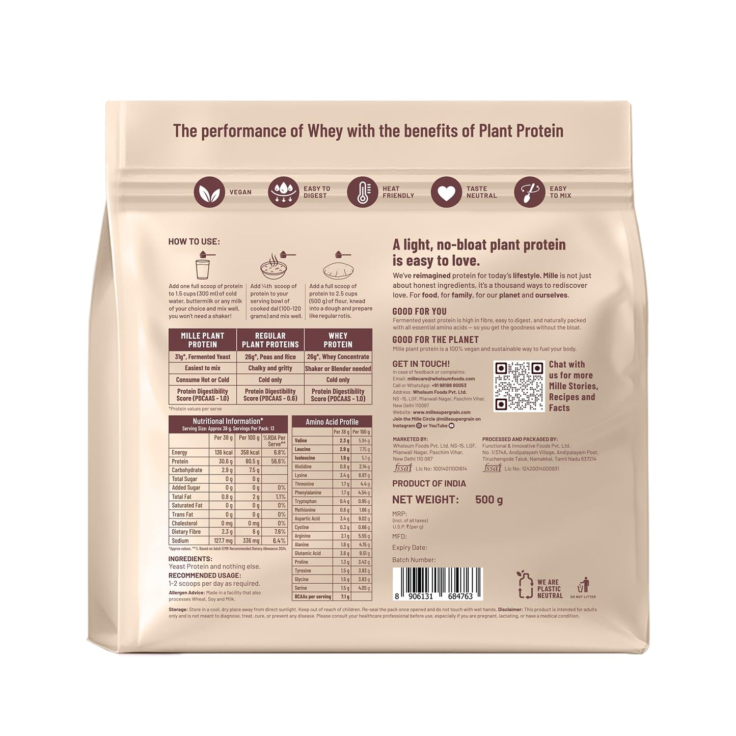 Mille Plant Protein | 31g Protein | Unflavoured | Made with Fermented Yeast Protein Powder | No Bloat, Vegan, Heat-Stable | Has All 9 Essential Amino Acids | Mixes into Any Dish | 500g