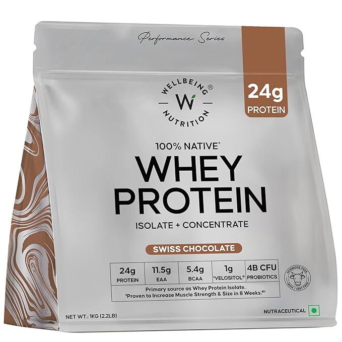 Wellbeing Nutrition Whey Protein – 24g Protein, Swiss Chocolate, 1kg