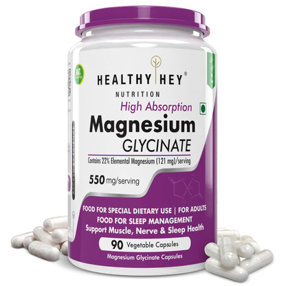 HealthyHey Nutrition Magnesium Glycinate High Absorption for Sleep, Cramps, & Nerves Health -300 Vegetable Capsules