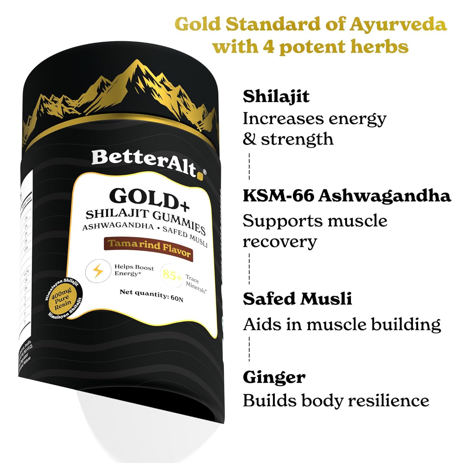 Better Alt Gold+ Shilajit Gummies | With Ashwagandha, Safed Musli,Shilajit Resin & Ginger |Helps Boost Energy & Improves Stamina |1-Month Dietary Supplement|60 Gummies