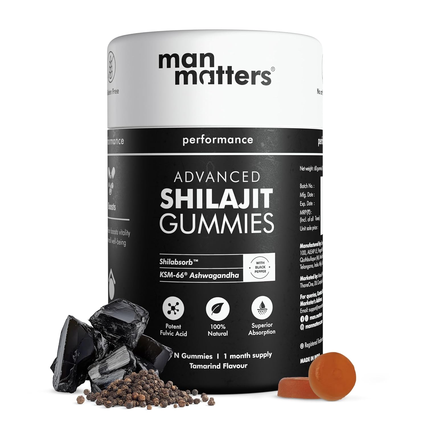 Man Matters Pure Himalayan Shilajit/Shilajeet Gummies Advanced With 75% Fulvic Acid, Ksm 66 Ashwagandha & Black Pepper | Boosts Stamina & Improves Energy Levels | No Added Sugar | Pack Of 60