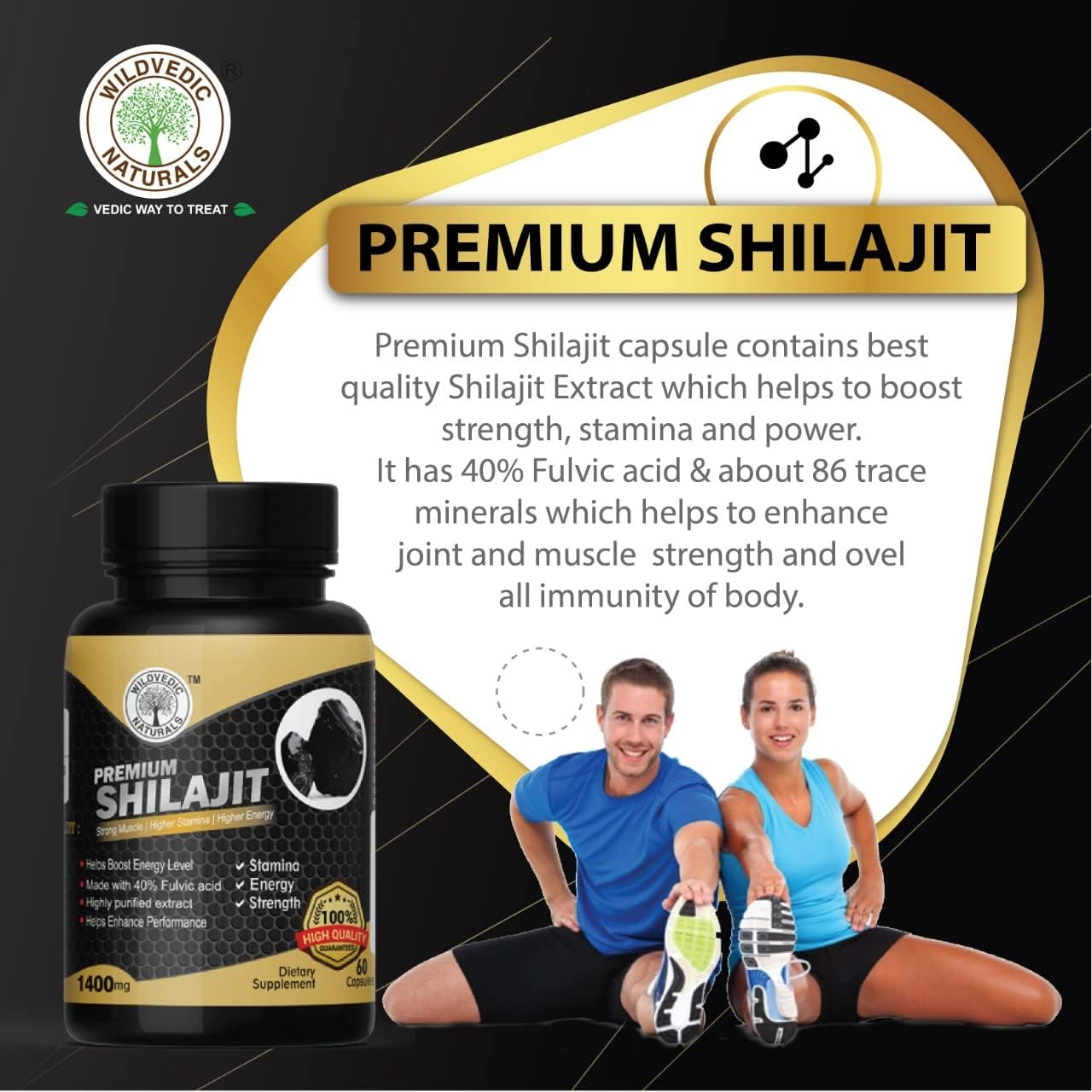 Wildvdic Premium Shilajit 1300mg Caps – 100% Pure Himalayan Extract with 75% Fulvic Acid | Boosts Stamina, Strength & Testosterone | Ayurvedic Energy & Performance Supplement for Men & Women (pack of 2)