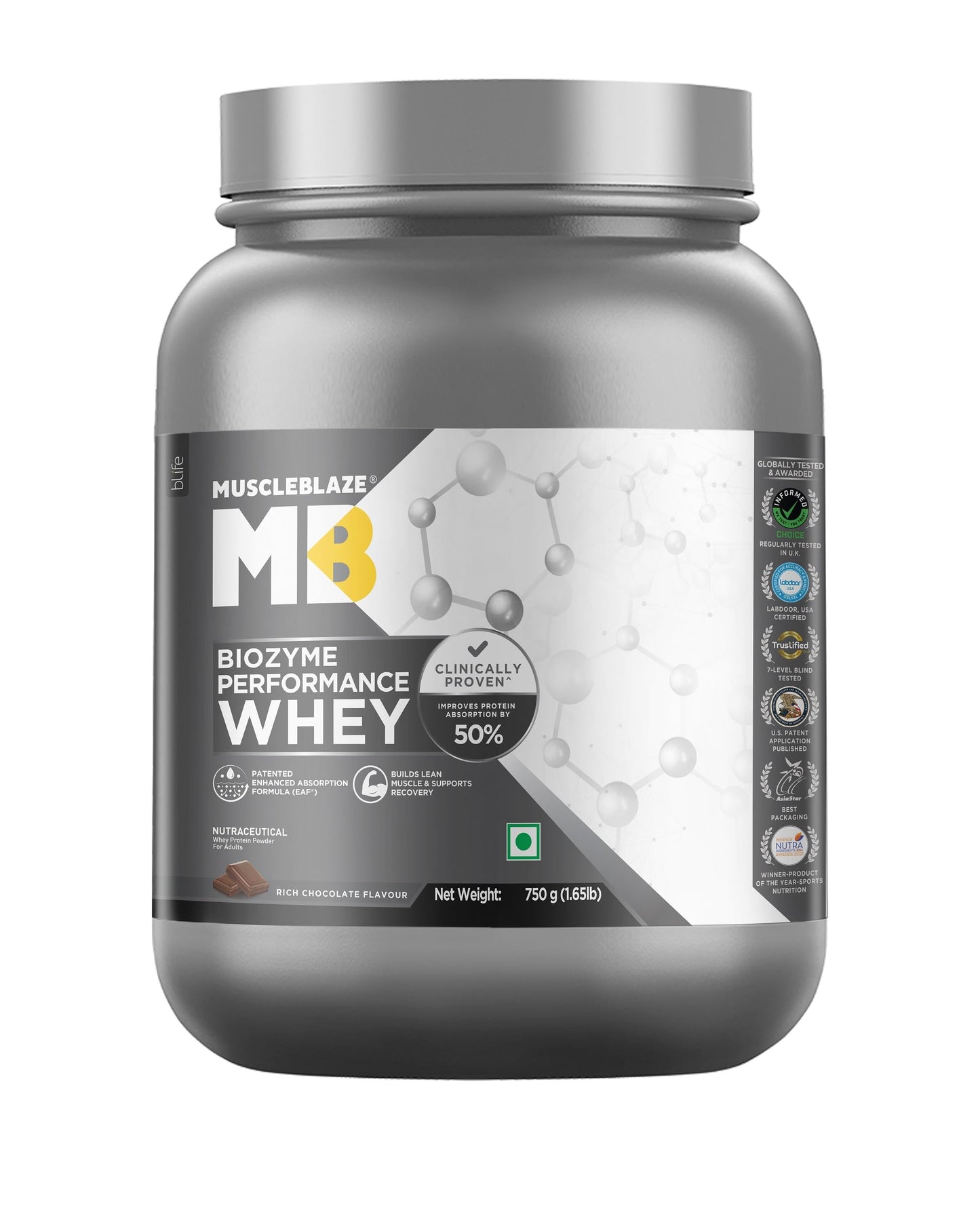 MuscleBlaze Biozyme Performance Whey Protein Powder, Rich Chocolate (1kg / 2.2lbs) | 25g Protein Per Scoop | Clinically Tested 50% Higher Protein Absorption