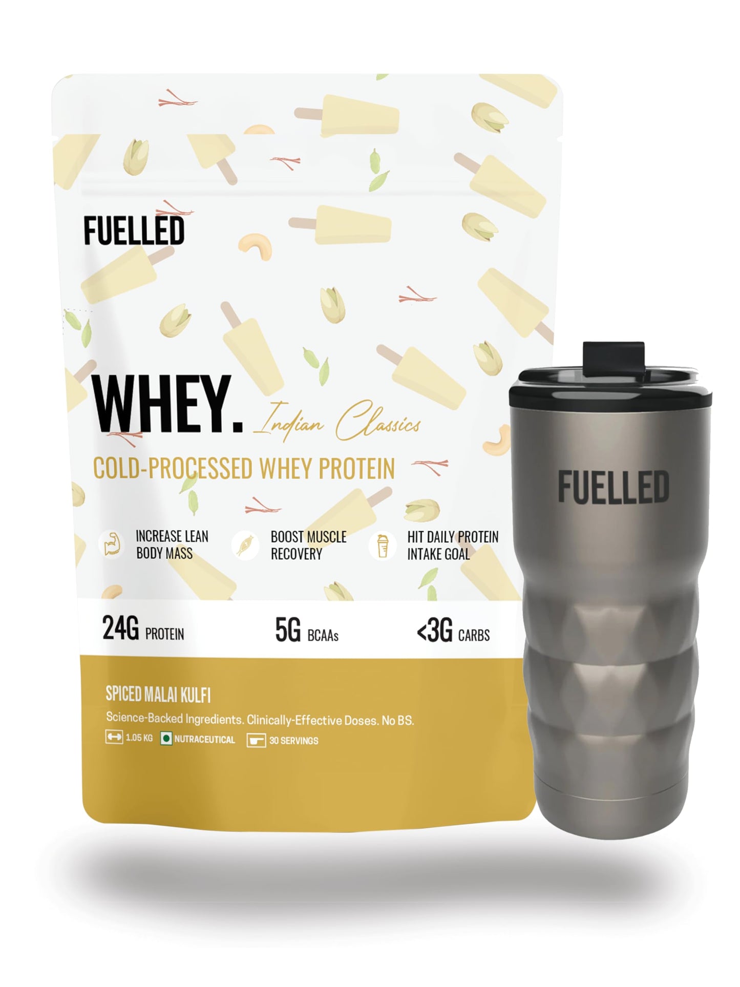 FUELLED Whey Protein Powder Concentrate & Isolate with 24 g Protein, 5 g BCAA (1 kg, 30 Servings) Lab Tested (Mango Ice Cream)