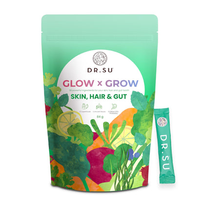 Dr.Su 6-In-1 Supplement Powder | Clear Skin, Strong Hair & Healthy Gut | With Vitamins, Minerals, Antioxidants, Probiotics, Fiber & Adaptogens | Lemon Mint | Sugar-Free | 30 Sachets | Unisex