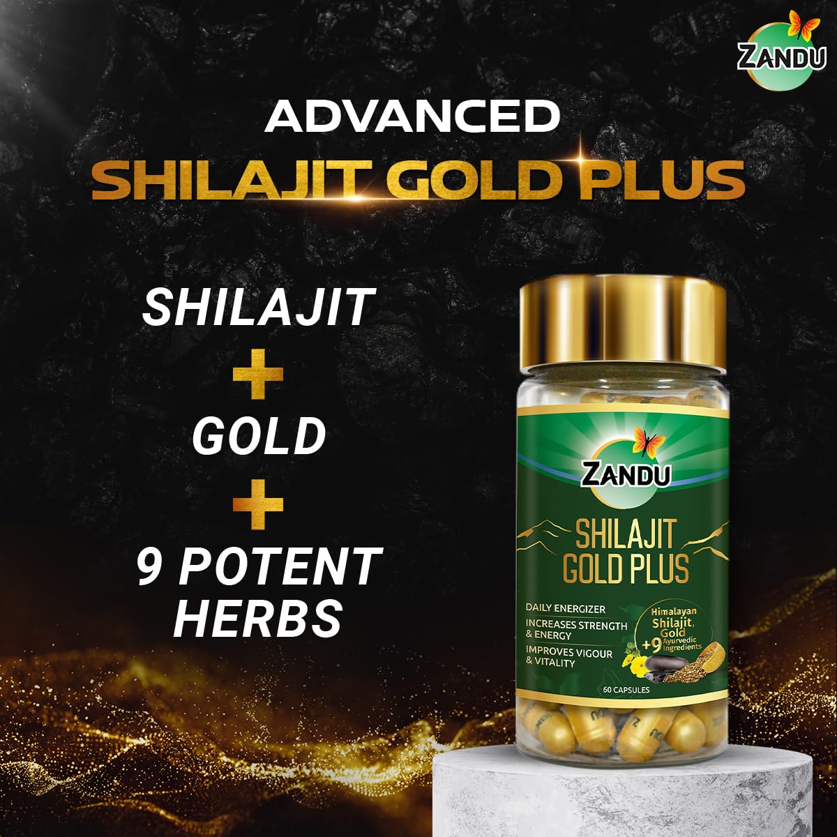 Zandu Shilajit/Shilajeet Gold Plus Capsules IBoosts Stamina, Strength & Energy in 28 Days | 60 Capsules I 100% Pure Himalayan Shilajit with 24K Gold Bhasma