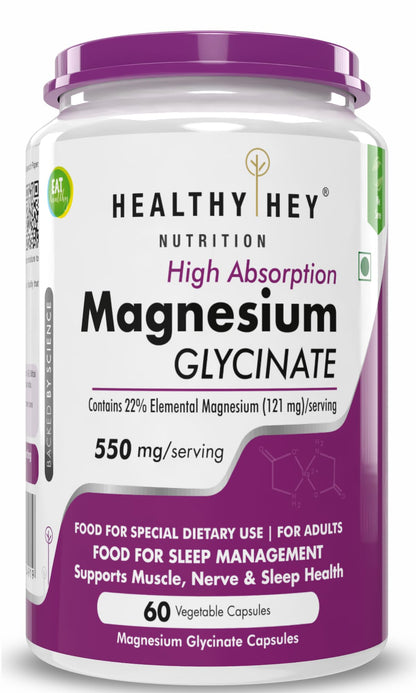 HealthyHey Nutrition Magnesium Glycinate High Absorption for Sleep, Cramps, & Nerves Health -300 Vegetable Capsules