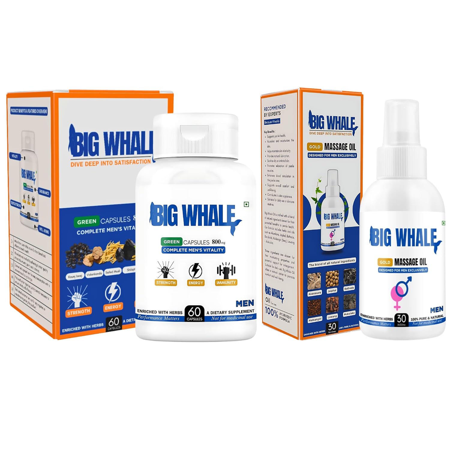 Big Whale Lift-Up Massage Oil for Men 30ml & Lift-Up Capsule 60 Cap | Massage Oil for Men | Stamina Booster Capsule | Strength Energy Performance