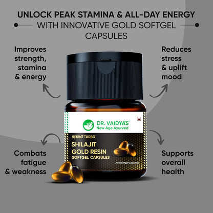 Dr. Vaidya's Herbo24Turbo Shilajit Resin Softgel Capsules | 30 Ayurvedic Capsules for Strength, Stamina & Energy in Men | Enriched with Pure Shilajit for Men & 24K Gold Bhasma (Pack of 2)