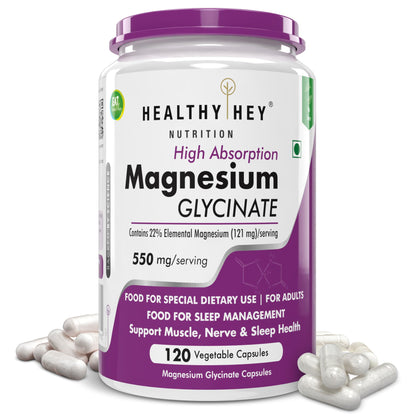 HealthyHey Nutrition Magnesium Glycinate High Absorption for Sleep, Cramps, & Nerves Health -300 Vegetable Capsules